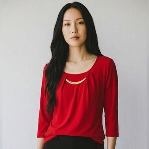 Red Scoop-Neck Long 3/4 Sleeve Top with Gold Crescent Accent